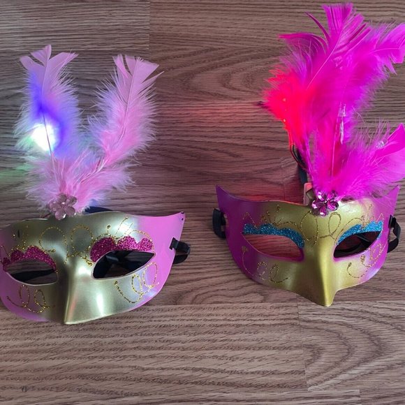 Women Eye Mask Light Up Party Mask Masquerade Mask Pink Feather Mask Lot of 2 - Picture 8 of 10